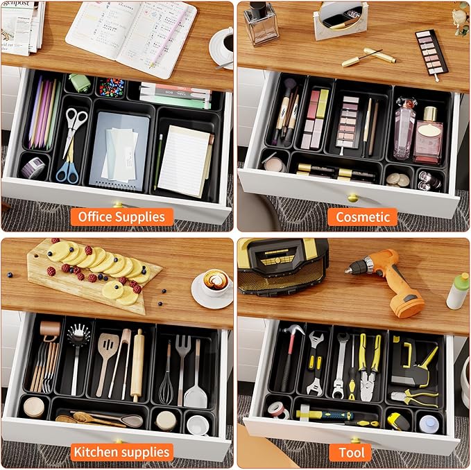 45 Pack Desk Drawer Organizer Tray, 3 Sizes Plastic Drawers Organizer Storage for Kitchen, Bathroom, Office, Vanity, Makeup, Utensils, Junk Drawer Organizer Bins, Gadget Trays for Organizing.-NeatNest