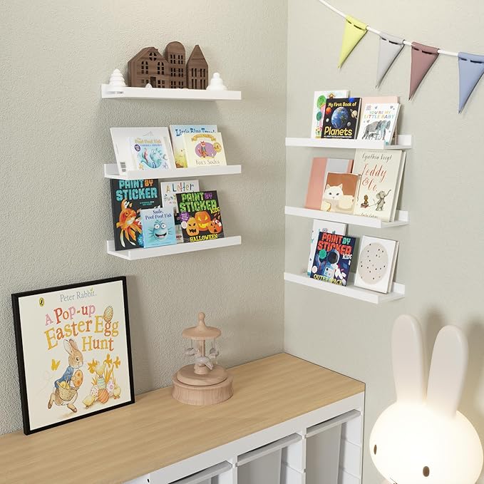 Floating Shelves Set of 6, White Wall Shelves with Lip, Display Shelves for Wall Decor, Modern Picture Ledge for Living Room, Bedroom, Nursery, Bathroom, Pictures, Books, Plants- White-NeatNest