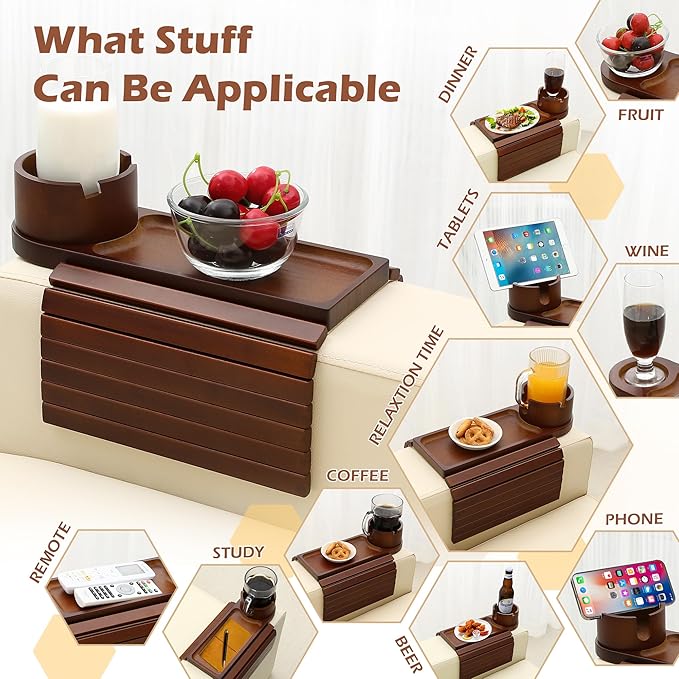 Couch Cup Holder Tray, 15.75" Bamboo Cup Holder for Couch, 3 in 1 Foldable Arm Chair Clip on Side Tray Table for Remote Snack Table on Armrest-NeatNest