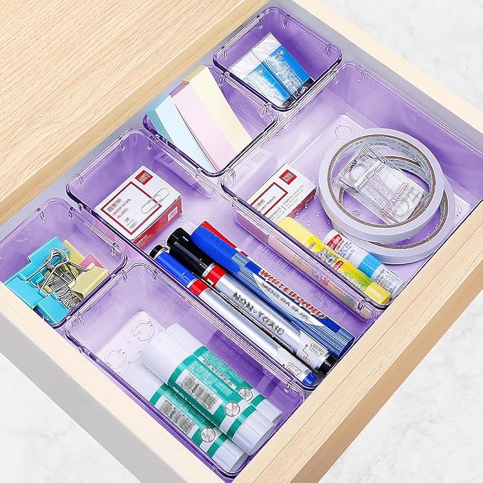 10 PCS Drawer Organizer Set, 4 Varied Size Bathroom and kitchen Drawer cabinet organizer Trays, Clear Storage Bins for Makeup, Jewelry, Utensils and Gadgets, Purple-NeatNest