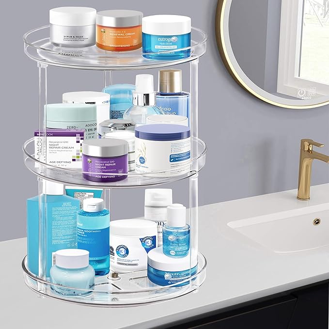 3 Tier Lazy Susan Bathroom Organizer - 9.25 Inch Clear Makeup Organizer with Skincare and Perfume Storage for Countertop-NeatNest