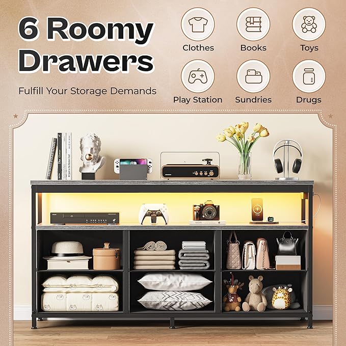 Huuger LED TV Stand for Bedroom, 47 Inch Dresser TV Stand for 43, 50, 55 Inch TV, Grey Black TV Stand with Storage, Entertainment Center with Power Outlets, 6 Drawer Fabric Dresser for Living Room-NeatNest