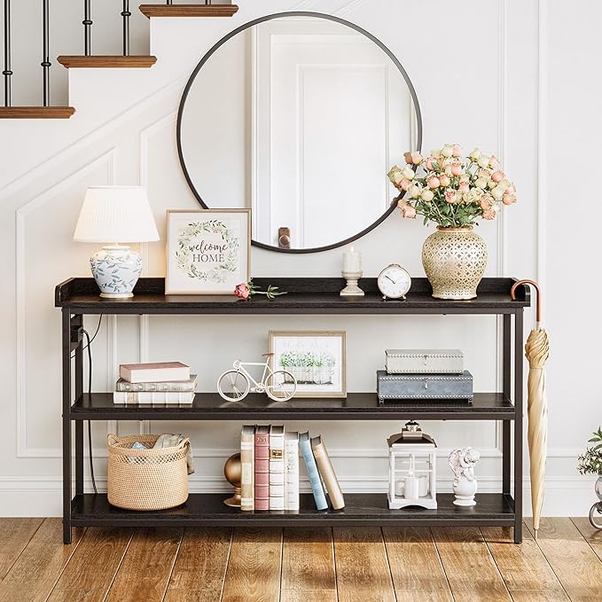 IRONCK Console Table, Sofa Table with Power Outlet, Farmhouse Hallway Table for Entryway, Living Room, Height Adjustable, Easy Assembly, Vintage Black,55"-NeatNest
