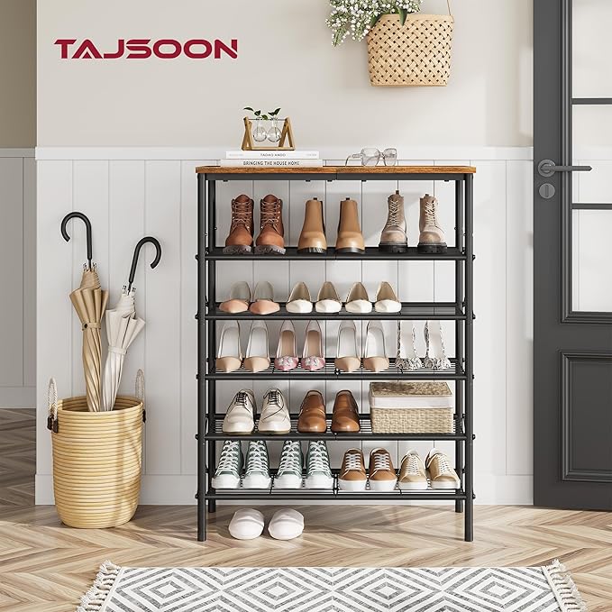 Tajsoon 6 Tier Free Standing Shoe Rack for 20-24 Pairs, X Shape Fixed Frame Metal Mesh Shoe Rack for Closet, Rustic Brown & Black-NeatNest