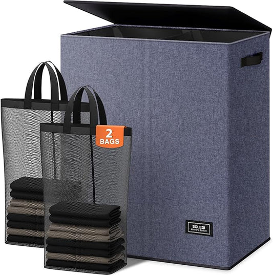 SOLEDI Large Double Laundry Hamper with Lid, Collapsible Clothes Hamper 2 section with Removable Bags, Space-Saving Laundry Basket for Bedroom, Dorm, College-NeatNest