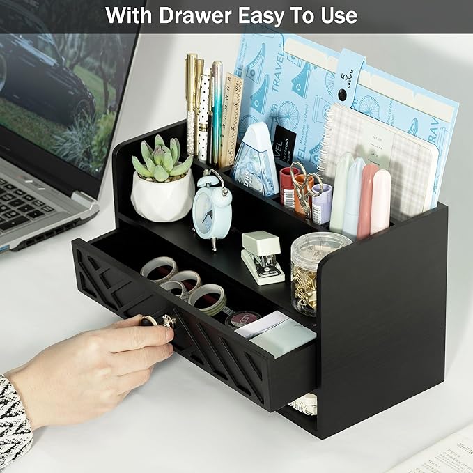 Black Wood Desk Organizer and Accessories with Drawer, Bill Mail Organizer and File Mail Holder for Office Supplies, Desk Accessories & Workspace Organizers for Desk Organization-NeatNest