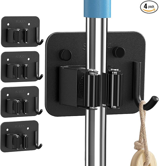 4 Pack Mop and Broom Holder Wall Mount - Stainless Steel Broom Mop Hanger - Wall Mounted Garden Tool Rack Organizer for Closet Garage Laundry Room Kitchen Decor (Black)-NeatNest