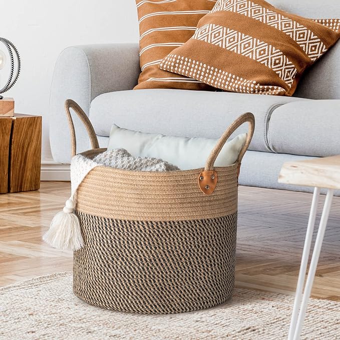 CHICVITA Wicker Laundry Basket With Handles, Storage Baskets for Decor, Rope Basket for Blankets, Toys, Clothes, Shoes, Plant Basket for Living Room, 14" X 14" X 12"-NeatNest
