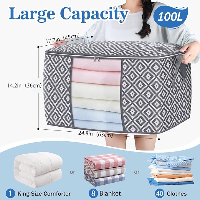 Direct 100L, 6 Pack, Storage Containers, Large Clothes Storage Bins Foldable Organization and Storage Bags with Reinforced Handle, Clear Window for Bedding, Blankets, Clothing, Grey-NeatNest