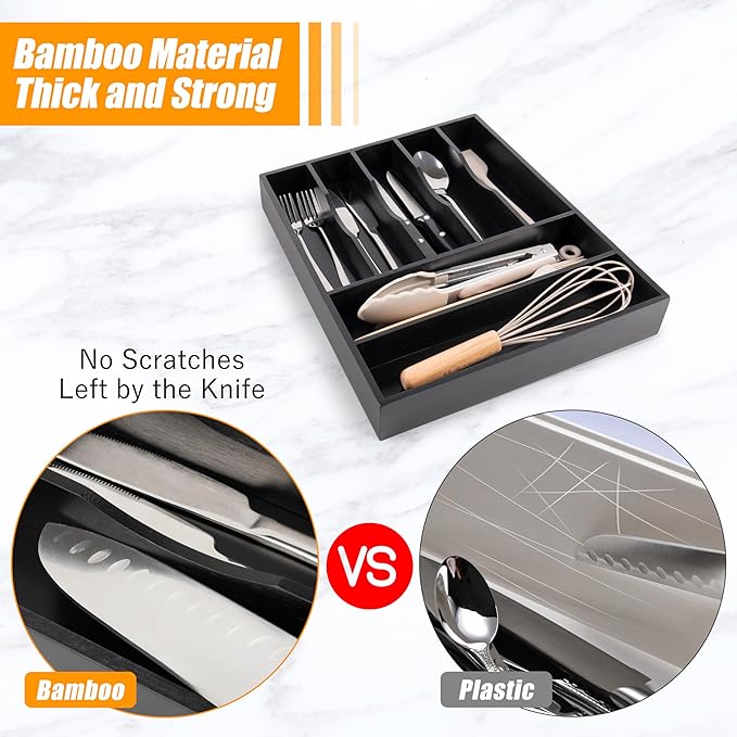 Bellsal Bamboo Silverware Drawer Organizer, Utensil Kitchen Drawer Organizer, Utensil Holder Cutlery Tray with Grooved Drawer Dividers for Kitchen Utensils and Flatware Bedroom Office (7 Slot, Black)-NeatNest