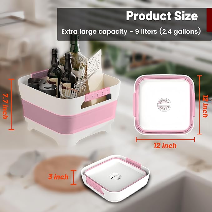 2.4 Gal Collapsbile Wash Basin with Drian Plug,9L Dish Pan for Soaking Baby Bottles,Portable Sink, Multiuse Foldable Bucket,Ice Beverage Tubs for Camping, Vegetable Washing, RV (Pink)-NeatNest