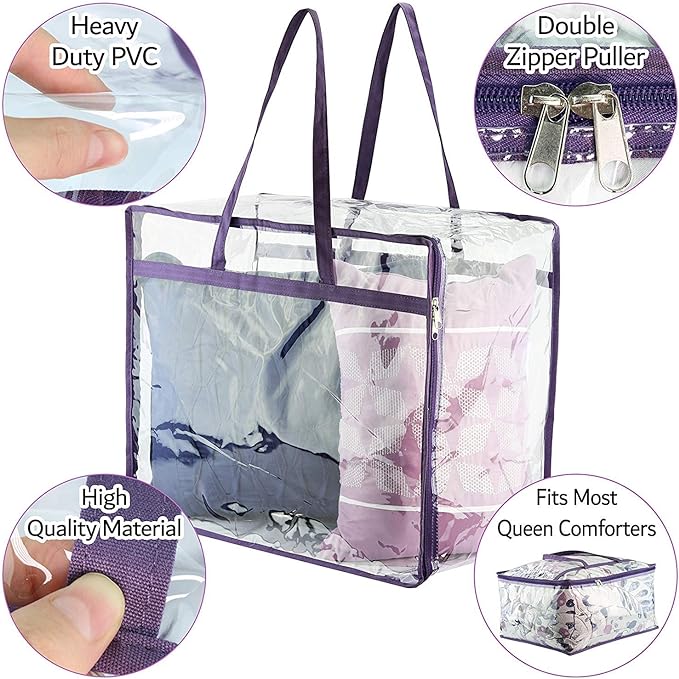 Clear Vinyl Zippered Storage Bags (3-Pack) 40L Sturdy Storage Bags for Sweaters, Blankets, Comforters, Bedding Sets and Much More! (Purple, 18x15x9)-NeatNest