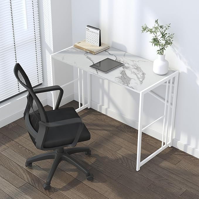 Folding Computer Desk 40 inch Writing Gaming Computer Camping Desk, No Assembly Required Home Office Table, White Marble-NeatNest