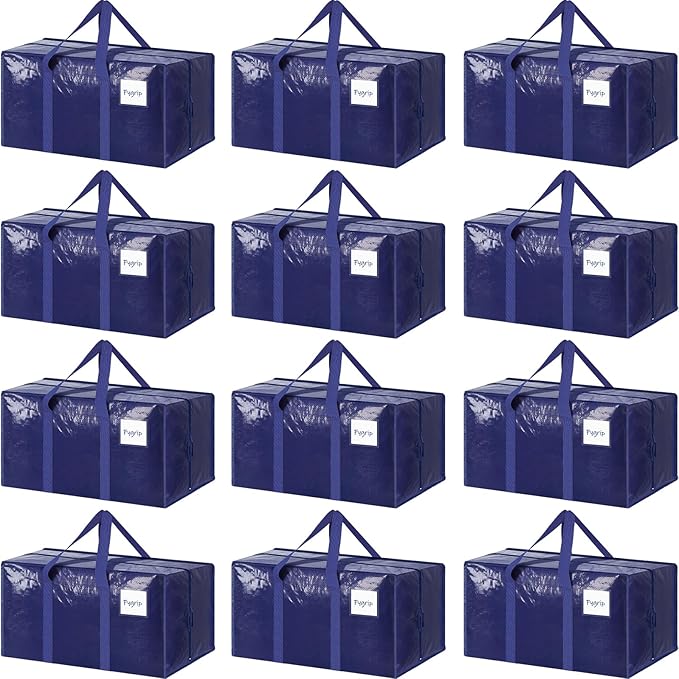 12 Pack Extra Heavy Duty Large Moving Bags with Strong Zipper & Comfortable Handles, Sturdy & Durable Clothes Storage Bags Totes Bins, Packing Moving Boxes for College Supplies, Dark Blue-NeatNest