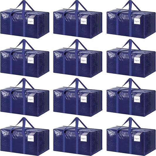 12 Pack Extra Heavy Duty Large Moving Bags with Strong Zipper & Comfortable Handles, Sturdy & Durable Clothes Storage Bags Totes Bins, Packing Moving Boxes for College Supplies, Dark Blue-NeatNest