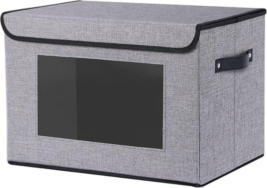 Fabric Basket with Lid, 1-Pack Decorative Linen Closet Organizers Bins, 15 x 9.8 x 9.8 inch Storage Containers for Shelves, Cubes with Handles, Gray