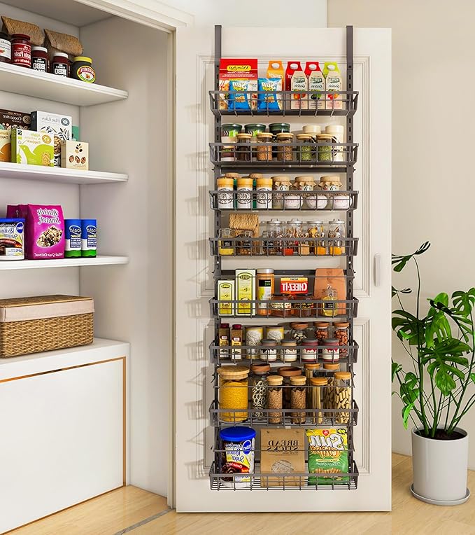 Over The Door Pantry Organizer, Wall Mount Spice Rack, Pantry Hanging Storage and Organization, 8 Adjustable Baskets Heavy-Duty Metal for Home & Kitchen, Back of Door Seasoning Rack - White
