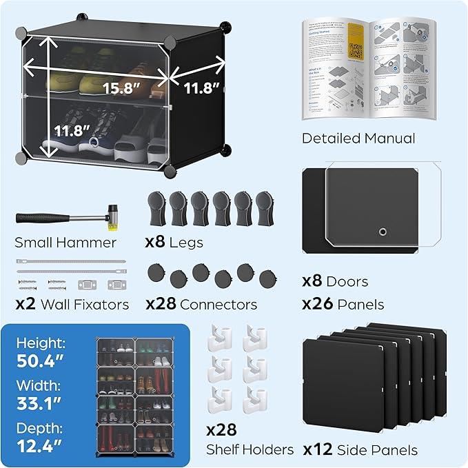Shoe Organizer Cabinet Up to 32 Pairs, Shoe Closet-Covered Shoe Rack with See-Through Door (Clear, Plastic, Stackable) Cubby Portable Shoe Organizer with Covers, Hooks & Pockets, Black-NeatNest