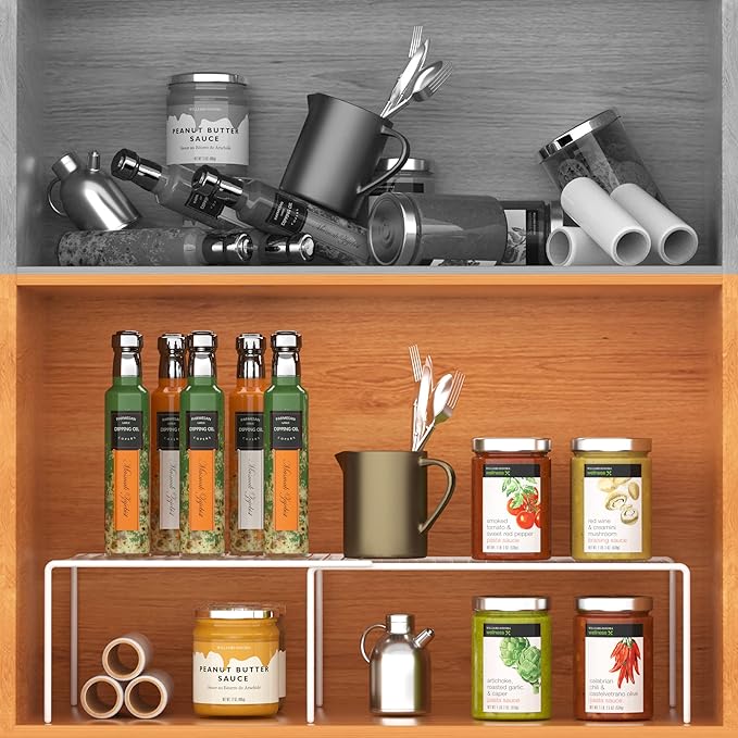 iPEGTOP Freezer Cabinet Storage Shelf Set of 4, 8 Pieces Expandable Metal Rustproof Spice Rack, Adjustable Kitchen Organizer Counter Fridge Pantry Shelf Space Saver (White)-NeatNest
