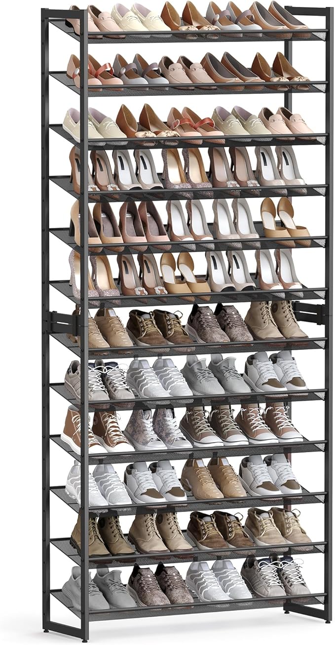 SONGMICS Shoe Rack, 12-Tier Shoe Organizer, Metal Shoe Storage for Garage, Entryway, Set of 2 6-Tier Stackable Shoe Shelf, with Adjustable Flat or Angled Shelves, Holds 48-60 Pairs, Black ULMR12B-NeatNest