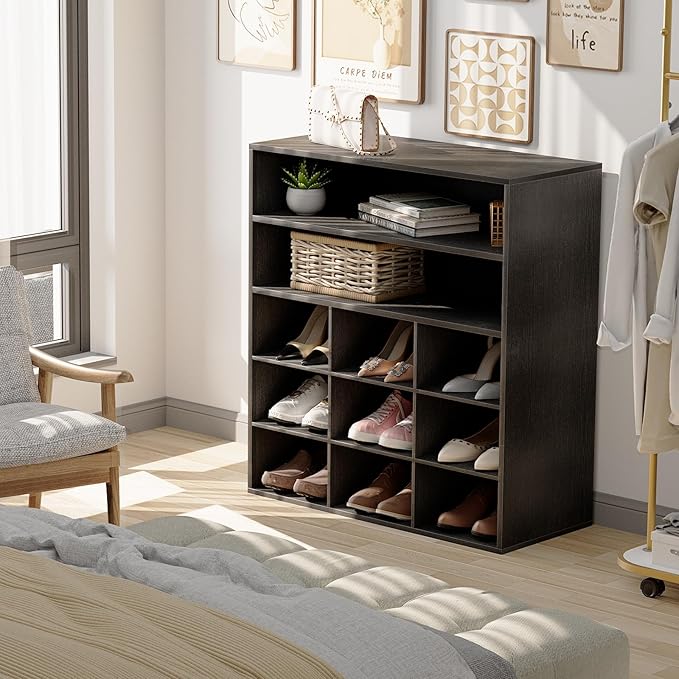 Garden 4 you Shoe Rack Organizer, 5-Tier Wood Cubby Shoe Rack with 2 Storage Shelf and 9 Cubbies, Shoe Organizer Cabinet for Entryway, Hallway, Closet and Garage,Black-NeatNest