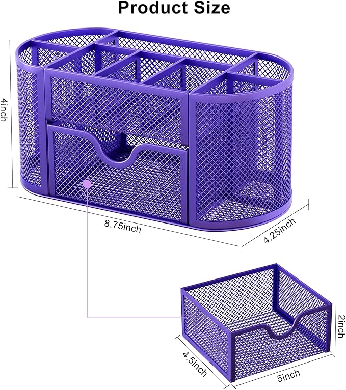 EasyPAG Mesh Desk Organizer, Multi-functional Stationery Organizer for School Supplies, Office Pen Holder for Desk, 9 Compartments Dorm Organization with Drawer, Purple