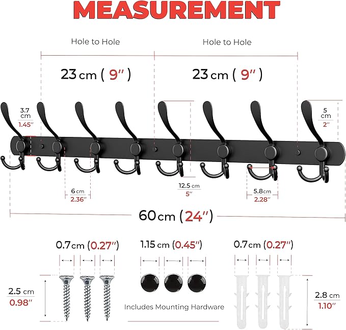 Coat Rack Wall Mount with 8 Tri Hooks, Stainless Steel 24 Inch – Black Matte Finish, Heavy Duty Wall Mounted Hook Rack for Coats, Hats, Towels, Scarfs, Robes, Bags, Entryway & Bathroom - 2 Pack-NeatNest