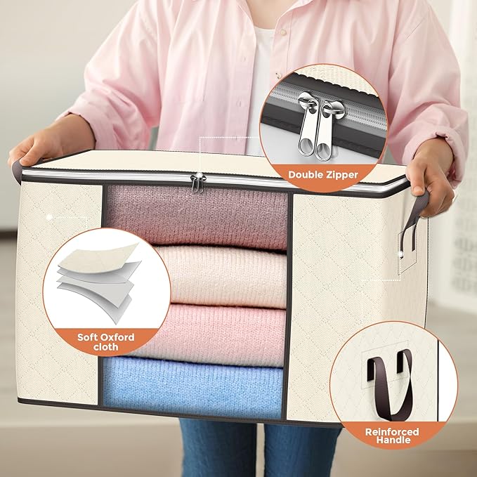 90 L Large Storage Bags, 4 Pack Clothes Storage Bins Foldable Closet Organizers Storage Containers with Reinforced Handle for Clothing, Blanket, Comforters, Bed Sheets, Pillows and Toys (Beige)-NeatNest