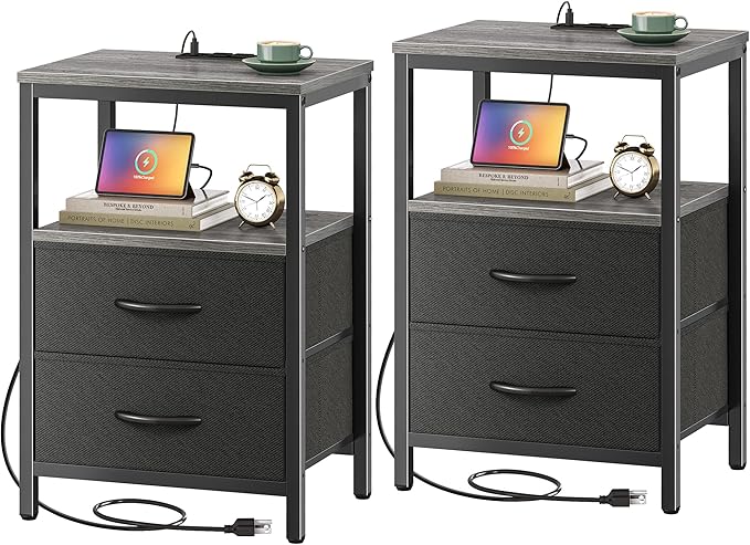 Huuger Nightstands Set of 2, End Tables with Charging Station, Side Tables with Fabric Drawers, Bedside Tables with USB Ports and Outlets, Night Stands for Bedroom, Charcoal Gray