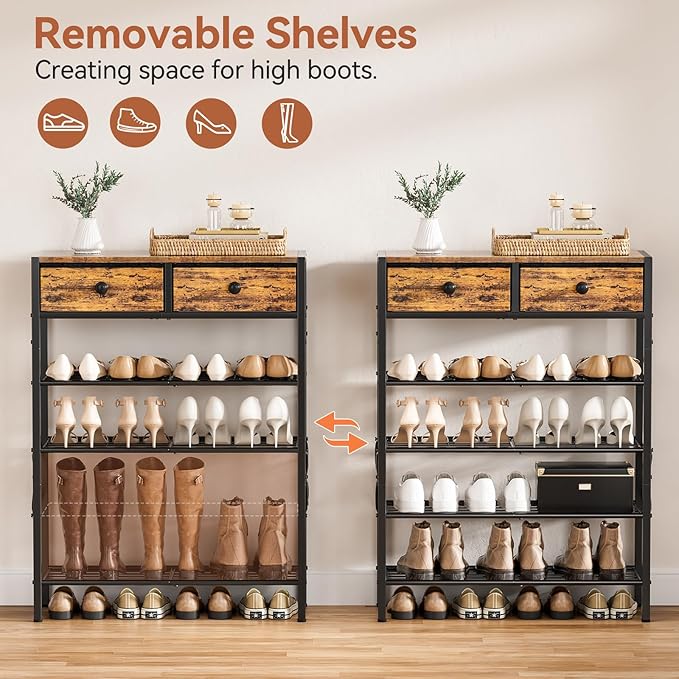 Shoe Rack for Entryway, 5 Tier Shoe Organizer with 2 Non-woven Drawers, Metal Storage Shoe Shelf for 16-20 Pairs of Shoes, with Wooden Top and Steel Frame, Shoe Stand for Closet Rustic Brown-NeatNest
