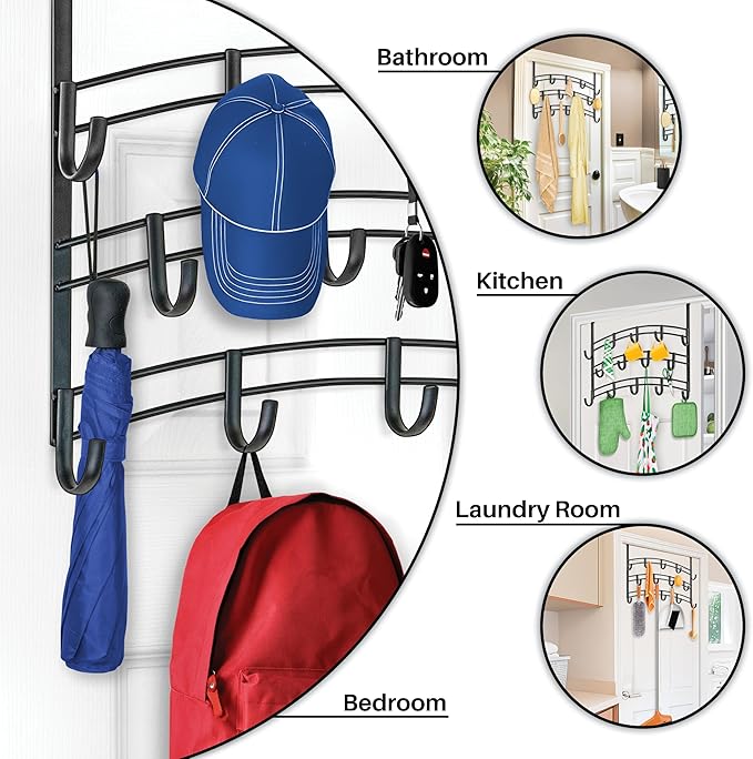 LYNK Professional® Home™ Over Door Hooks Rack - 14 Hook Over Door Hanger - Over Door Towel Rack - Hanging Towels or Clothes - Bathroom, Bedroom or Laundry Room - Lifetime Ltd. Warranty - Black
