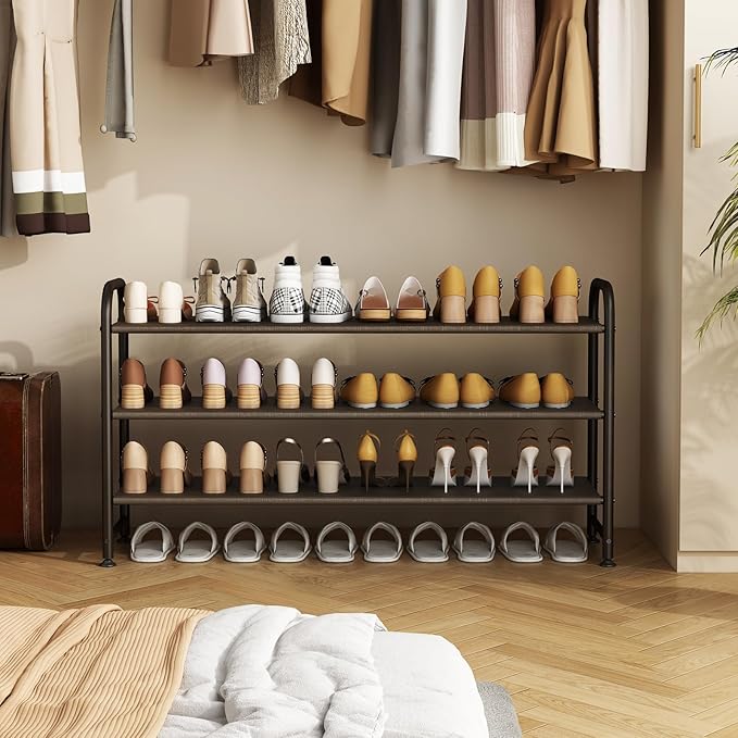 Shoe Rack 3 Tier Long Storage Organizer Wide Metal Shoe Shelf for Closet Entryway Brown-NeatNest