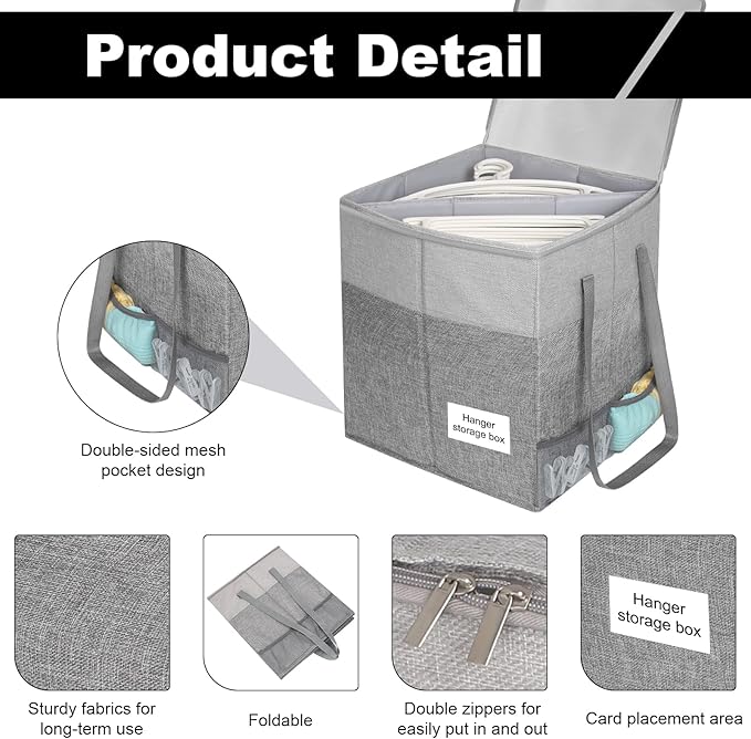 Clothes Hanger Organizer Bag with Lid,Rigid Hanger Storage Containers,Hanger Caddy Organizer Box with Handle and Label Window Keep Closet Laundry Rooms Tidy (Grey)-NeatNest