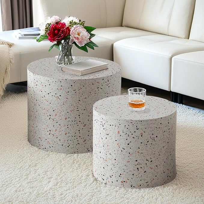 Modern Round Nesting Coffee Table Set of 2, Vertical Stripe Design Drum Coffee Table Cocktail Table, Round Side Table for Living Room, Bedroom, Office, Balcony (H14.6+18.1")