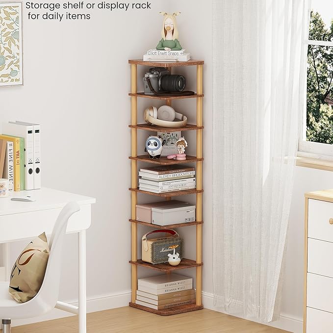 LUCKNOCK Vertical Shoe Rack, 8-Tier Tall Narrow Shoe Organizer for Entryway, Closet, Dorm & Small Spaces, Freestanding Wooden Shoe Shelf Tower for Boots, Sneakers, Heels. (Rustic Brown)-NeatNest
