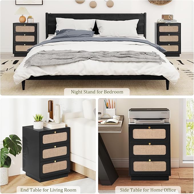 16 Inch Nightstand with 3 Drawer, Modern Wood Night Stand Storage with Linen Decor, Farmhouse Small Side Table for Sofa Couch, End Table for Bedside Bedroom, Living Room (Black)