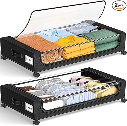 GoMaihe Under Bed Storage with Wheels: XXL Underbed Storage Containers with Clear Lids - Rolling Drawers & Bins for Shoes Clothes in Dorm Bedroom - Space-Saving Easy Pull-out Black 2-Pack-NeatNest
