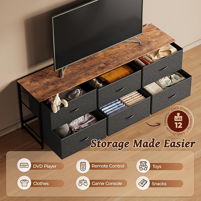 Huuger 63 Inch Long Dresser for Bedroom, Wide TV Stand for 55, 65, 70 Inch TV, 6 Drawer Dresser for Closet with Fabric Drawers, Storage Organizer for Bedroom, Entryway, Rustic Brown and Black-NeatNest