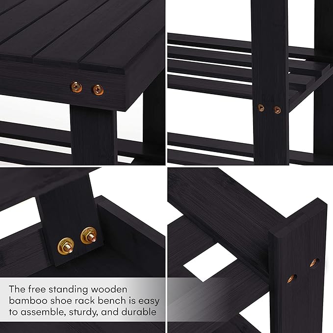 Homemaid Living Bamboo 3 Tier Shoe Rack Bench, Premium Shoe Organizer or Entryway Bench, Perfect for Shoe Cubby, Entry Bench, Bathroom Bench, Entryway Organizer, Hallway or Living Room(Black)-NeatNest