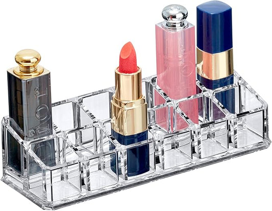 Amazing Abby - Glamour - 12-Slot Acrylic Lipstick Organizer, Lipstick Holder, Lip Gloss Holder, Cosmetic Storage Display, Perfect Storage Solution for Drawer and Vanity (Slot Size: 0.9" x 0.9")-NeatNest