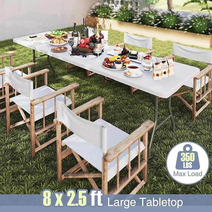 Goplus 8ft Plastic Folding Table, 350 LBS Outdoor Heavy Duty Folding Tables with HDPE Tabletop, Handle, Lock, Foldable Rectangle Portable Utility Card Table for Picnic, Party, Camping, Dining-NeatNest