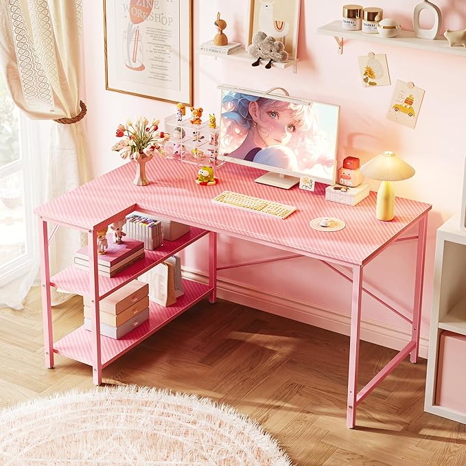 Huuger L Shaped Desk, 47 Inches Computer Desk with Reversible Storage Shelves, Gaming Desk, Corner Desk Home Office Desks, Writing Study Desk with Metal Frame, Pink-NeatNest