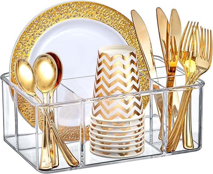 Amazing Abby - Felicia - Plastic Flatware Organizer, 5-Compartment Utensil Holder, Paper Plate Holder, Cutlery and Silverware Storage for Countertop, Perfect Storage Solution for Home and Restaurant