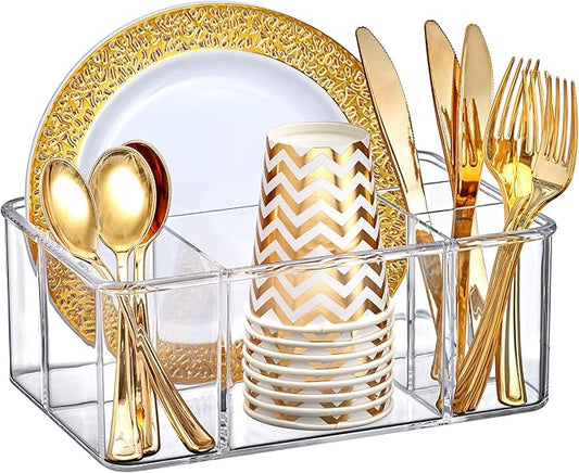 Amazing Abby - Felicia - Plastic Flatware Organizer, 5-Compartment Utensil Holder, Paper Plate Holder, Cutlery and Silverware Storage for Countertop, Perfect Storage Solution for Home and Restaurant
