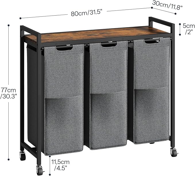 HOOBRO Laundry Sorter 3 Section, Laundry Hamper with Wheels, 3 × 11.5 Gal (43.4L), Rolling Laundry Basket, Pull-Out and Removable Oxford Fabric Laundry Bags, Rustic Brown and Grey BFG76XY01-NeatNest