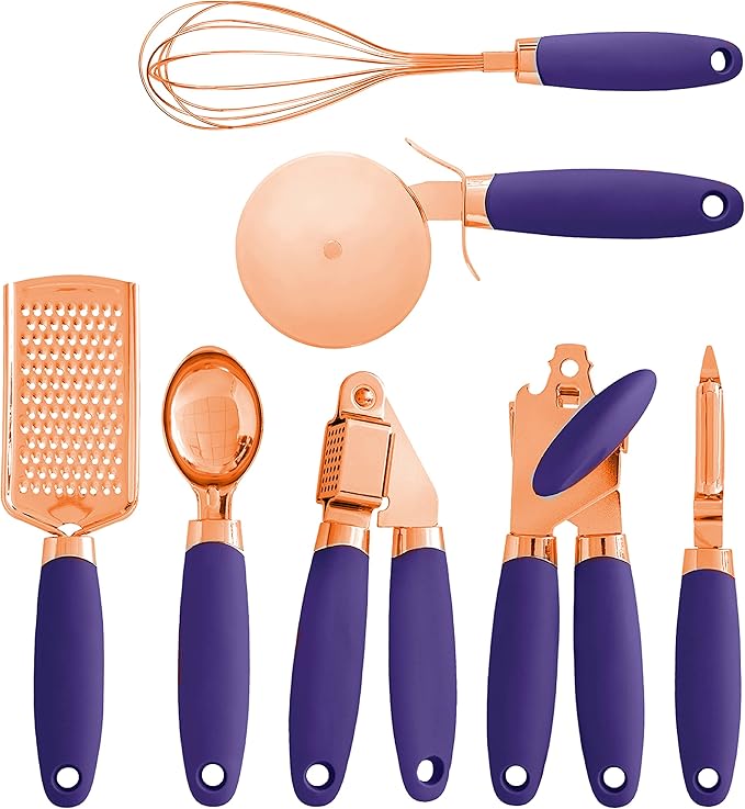 COOK WITH COLOR Kitchen Gadget Set Copper Plated Stainless Steel Utensils with Soft Touch Handles, Copper Lavender, 7 Pieces-NeatNest