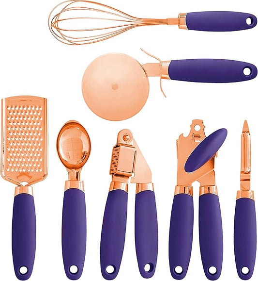 COOK WITH COLOR Kitchen Gadget Set Copper Plated Stainless Steel Utensils with Soft Touch Handles, Copper Lavender, 7 Pieces-NeatNest