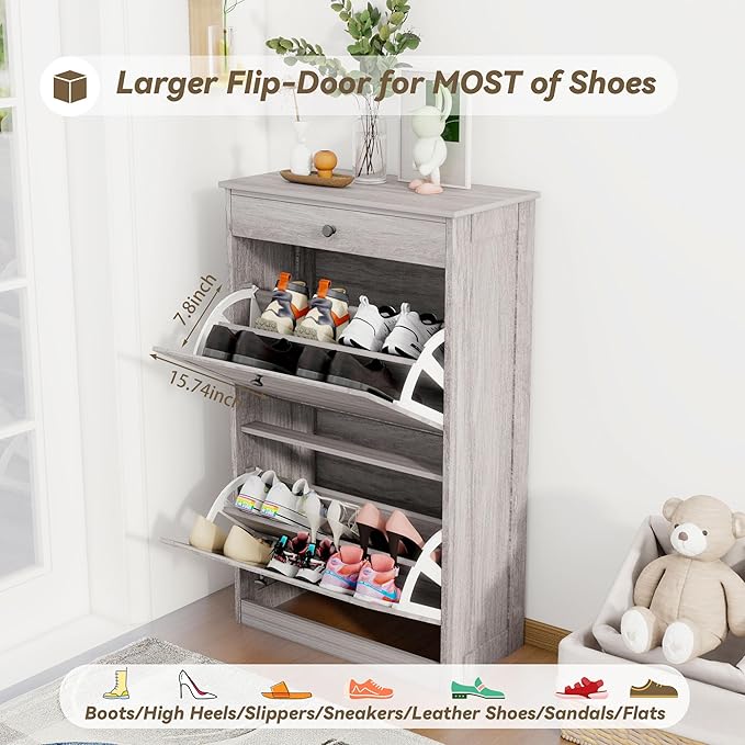 Shoe Storage Cabinet with 2 Flip Drawers, Narrow Freestanding Hidden Shoe Rack Cabinet, Pet-Proof Shoe Organizer for Closet, Entryway, Hallway, Wash Grey-NeatNest
