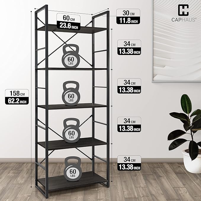 CAPHAUS 5 Tier Bookshelf, 24 Inch Width Free Standing Shelf, Bookcase Shelf Storage Organizer, Industrial Book Shelves for Home Office, Living Room, Kitchen, Black Vintage Shelves & Metal Frame-NeatNest