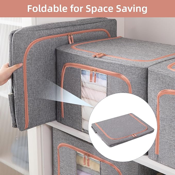 100L Stackable Clothes Storage Bins with Metal Frame Handles & Zipper, Collapsible Closet Organizer Box with Lid for Bedding Blankets Towel (Grey,1 pack)-NeatNest